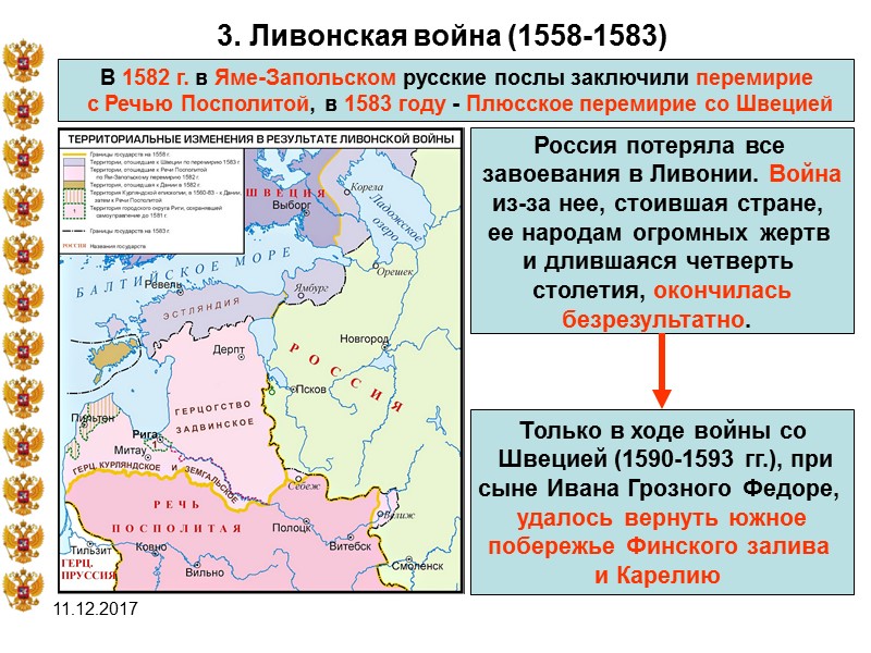 11.12.2017 3. Ливонская война (1558-1583) В 1582 г. в Яме-Запольском русские послы заключили перемирие